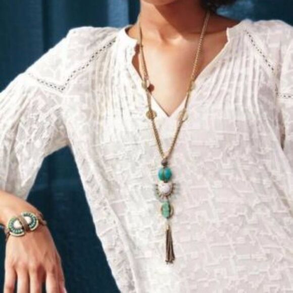 🎃 Stella & Dot Totem Bracelet Gold Turquoise Howlite Statement Jewelry - Picture 4 of 5